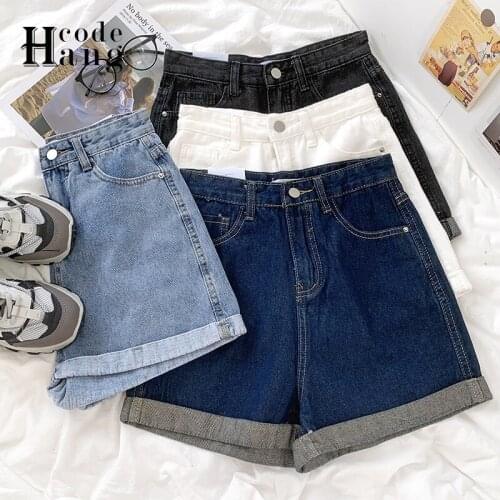 HangCode Denim Shorts Fashion Solid Crimping High Waist All Match Casual Loose Mom Jeans Shorts Hot Ladies Bottoms