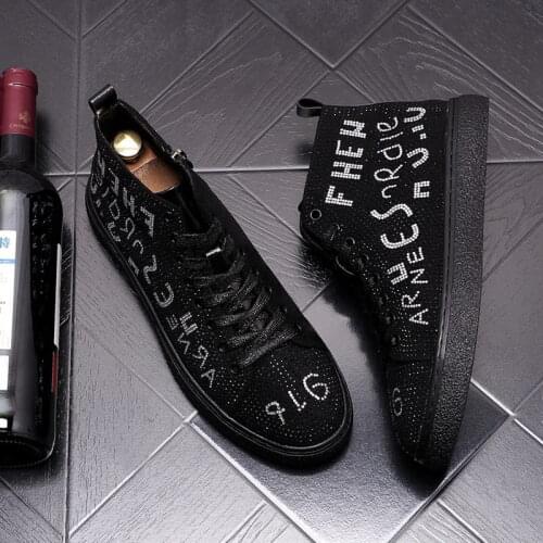 ERRFC Hot Selling Mens Black Casual Comfort Shoes Round Toe Fashion Lace Up Tide British Leisure Rhinestone Letter Zapatos 38-43