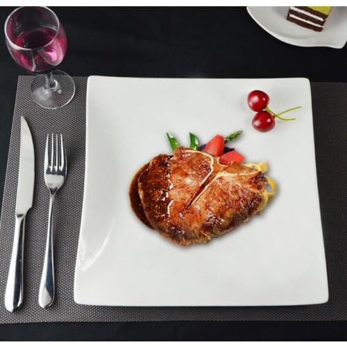 Creative Steak Dinner Plate Pure White Western Square Plate Household Ceramic Flat Dinner Plate Hotel Western Kitchen Tableware