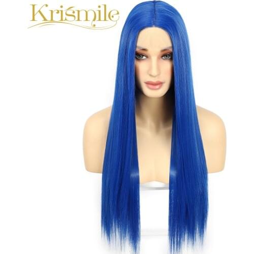 Krismile Long Straight Blue Hair Wig Synthetic Lace Wig Middle Part Daily for Black Women Cosplay Party Heat Resistant Fiber