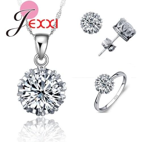 Hot Sale Women Wedding 925 Sterling Silver Jewelry Sets CZ Cubic Zirconia Necklace/ Stud Earring/ Ring Set Wholesale