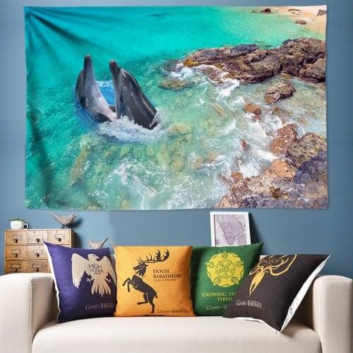 Sea Ocean Dolphin Tapestry Beach Scenery Mandala Wall Hanging Hippie Tapestry Psychedelic Decorative Wall Tapestries Wall Cloth