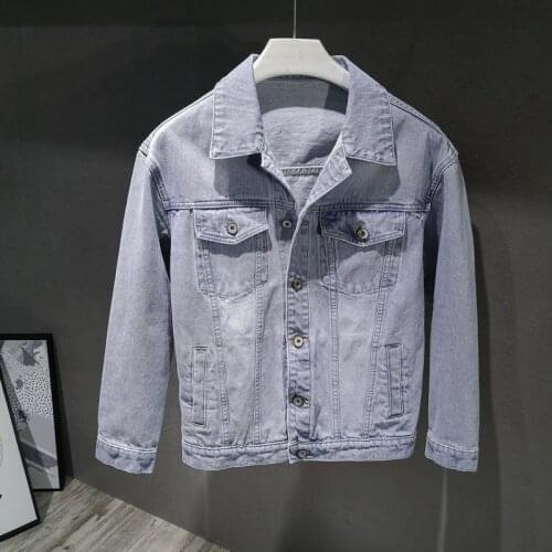 Mens Jacket Spring and Autumn Fashion Korean Style Loose Denim Jacket Light Blue Single-breasted Casual Jeans Jacket