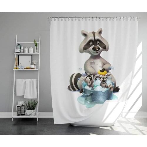Raccoon Bath Shower Curtain Set for Children Washable with 12 Hooks