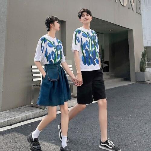 The couple outfit 2021 summer new personality print loose short sleeve T-shirt skirt female couples clothes couples clothing