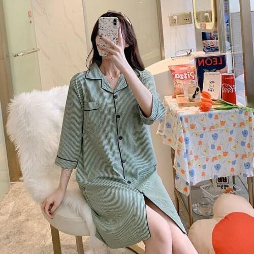 The new pajamas 2021 han edition stripe summer ice silk silk long thin section 7 minutes of sleeve cardigan suit at home