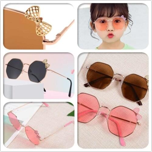 Summer NEW Fashion Kids Sunglasses for Girls Bow Metal Polygon Sun Glasses Baby Children Trend Eyeglasses UV400 Goggles