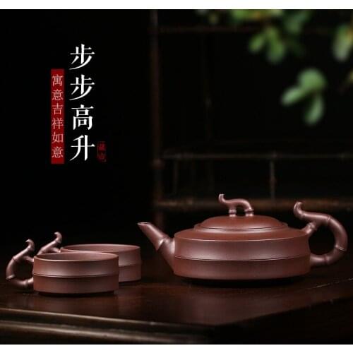 Yixing authentic purple clay teapot pure handmade bamboo pot all handmade master Kungfu Teapot Set rises step by step