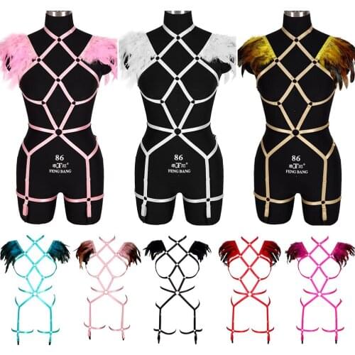 Feather Erotic Lingerie Goth Dance Party Club Wear Sword Belt Elastic Harness Bra Cage Women Sexy Lingerie Garters Suspenders