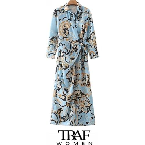 TRAF Za Women Fashion With Bow Tied Totem Print Wrap Midi Shirt Dress Vintage Long Sleeve Pockets Female Dresses Mujer