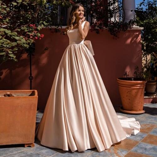 Booma Beach Wedding Dresses for Bride Satin Boat Neck Boho Princess Party Gowns with Detachable Bow Plus Size Vintage Simple