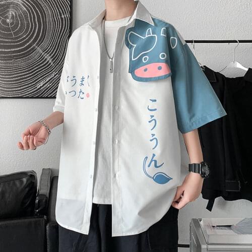 Shirt 2021 Summer Large Block Printed Short Sleeve Cartoon Loose College Cotton The New Listing Fashion Trend White