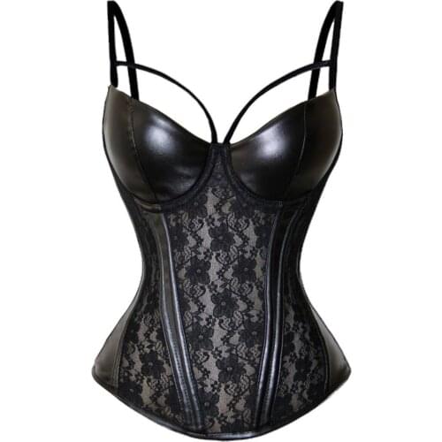 Sexy Women Gothic Steampunk Bustier Fajas Straps PU Leather Lace Up Floral Overbust Slimming Shaper