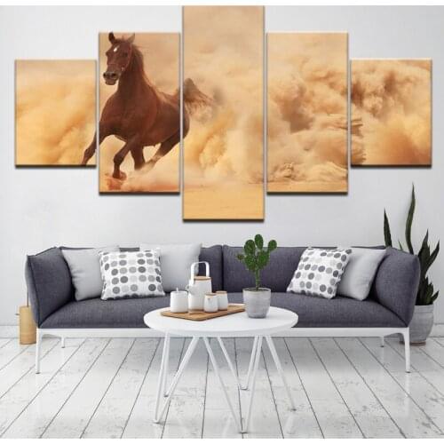Modern Running Horses Desert Flying Dust Hd Photography 5Pcs Frameless Canvas Printing Home Decoration Posters