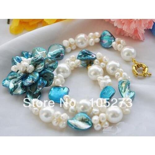 Hot Sale Pearl Jewelry 19'' 4-20MM White Round Baroque Pearl Blue Shell Flower Necklace Fashion Jewelry New Free Shipping