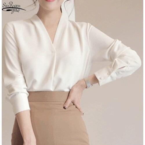 2021 Autumn New Long Sleeve White Chiffon Blouse Female Korean Style Deep V-neck Wild Loose Shirts Socialite Womens Tops 9382 50
