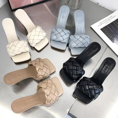 2021 Luxury Design Weave Slides Women 7cm High Heels Mules Fetish Summer Sandals Low Heels Slippers Platform Mom Slap Blue Shoes