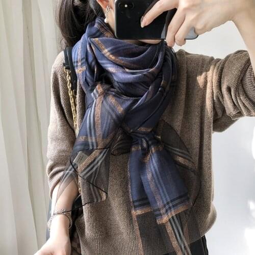 Scarf Womens Hundred Silk Wool Gold Line Large Grid Silk Scarf Autumn Silk Thin Shawl Long Yarn Chiffon Hijab Bandana Scarves