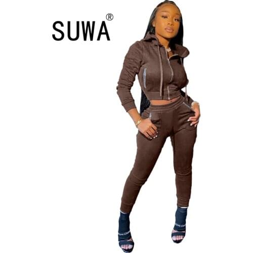 Womens Sport Suit Rhinestones Pockets Hooded Long Sleeve Hoodie and Fitness Jogger Sweatpants Lounge Wear 2 Piece Matching Set