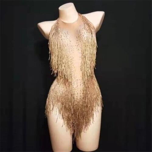2021 Hot Sale Top Quality Gold Black Silver Red Tassel Hollow Out High Elasticity Beading Bodysuit DJ Party Bodysuit