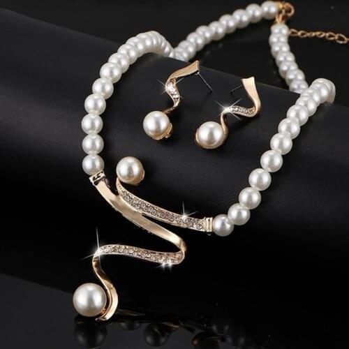 Ladies Rhinestone Faux Pearl Beaded Necklace Stud Earrings Bridal Wedding Jewelry Set conjuntos de joias ювелирные наборы