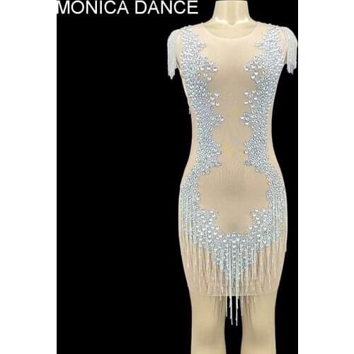 Women Sexy Stage Silver Rhinestone Fringes Transparent Dress Dancer Chain Outfit Birthday Nightclub Gogo DJ Bar Prom Show Outfit