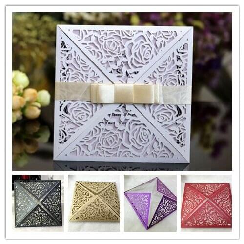 100PCS/LOT Laser Rose Wedding Invitation Card Include Laser Cover Inner Card Bow And Envelope
