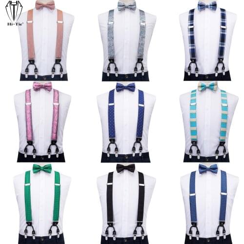 Designer Silk Mens suspenders Set 6 Clips Vintage Men Braces Gold Yellow Red Blue Green White Purple Floral Male Adjustable