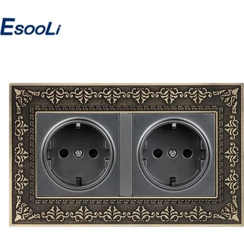 Esooli 16A Double EU Standard Power Socket 4D Embossing Retro Zinc Alloy Panel Wall Power Socket AC 110~250V Gold Colorful