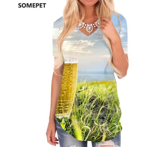 SOMEPET Beer T Shirt Women Sky Tshirts Printed Creativity V-neck Tshirt Womens Clothing Fashion Printed Plus Size High Quality
