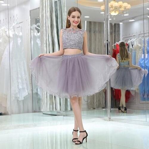 Two Pieces Short Homecoing Dress for Juniors Lace Appliques Beaded 2021 Tulle Mini Graduation Prom Gowns Cocktail Dress