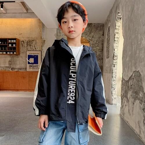 Boys Spring Autumn Coats Kids Black Jackets Children Hooded Windbreaker Tops Kids Zipper Outerwear Boys Clothes 4 6 7 8 10 Years