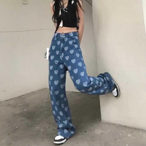 Summer Korean retro love heart straight wide leg pants high waist loose jeans pants women