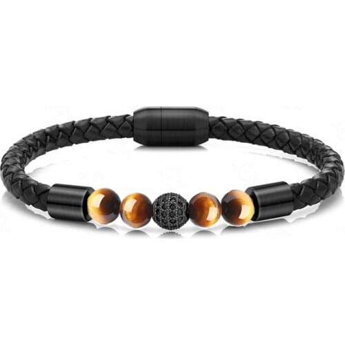 Black AAA Zircon Bead Bracelets for Men Braided Leather Bangle Stainless Steel Magnetic Clasp Qualified Natural Stone Bracelet