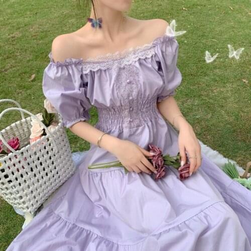 2021 new Women Summer Purple Elegant Lace Long Maxi Dress Vintage Square Collar Female Franch Dress Casual Holiday Lady Vestidos