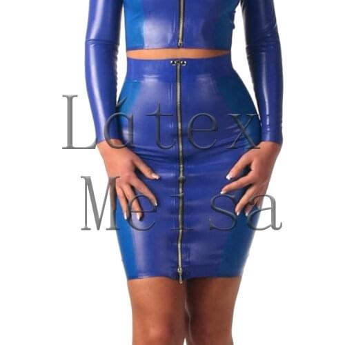 Sexy Fetish latex pencil skirt with front zip decorations in solid blue color for women