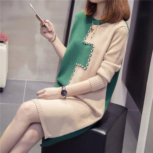 Kobieta Swetry Women Color Matching Mid-Length Sweaters 2021 Spring New 4 Color Oversized Loose Ladies Knit Pullovers Ropa Mujer