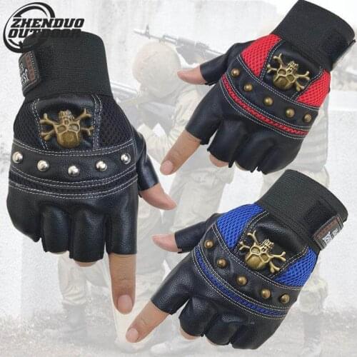 ZHENDUO OUTDOOR PU Leather Skull Punk Fingerless Gloves