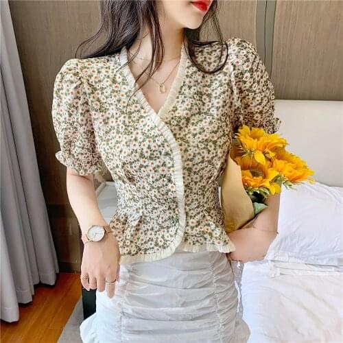 Floral Tunics V Neck Korean Fashion Summer WomenS Clothing Short Sleeve Vintage Shirts Blouses Top Vetement Femme 2021 Female