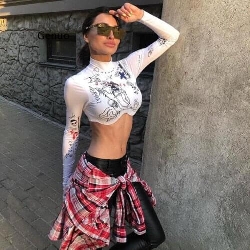 Fashion Tees Female Tops New Long-Sleeved O-Neck Printing Irregular Umbilical Bottoming T-Shirt Short Women Clothing