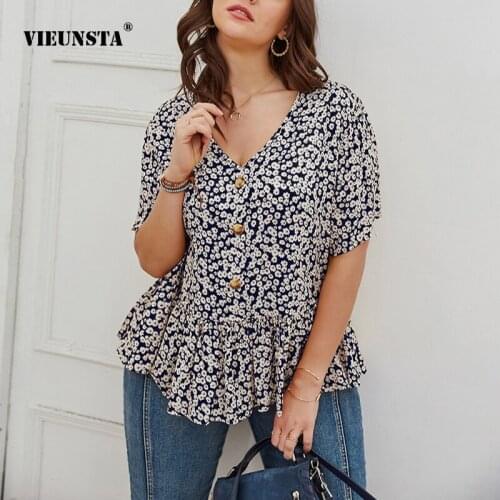 Womens T-Shirt 2021 Vintage Flowers Printing Short sleeve V-neck Buttons decoration Tops elegant plus size womens clothing XXL