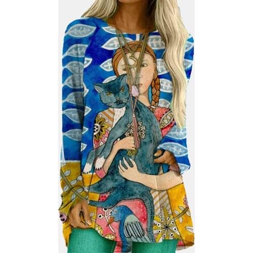 2021 Spring Cartoon Print Long Sleeve Knit T-shirt Women Oversize Vintage Abstract O-neck Loose Tops