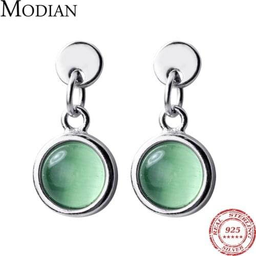Modian 100% Real 925 Sterling Silver Round Green Opal Crystal Stud Earrings for Women Wedding Statement Jewelry Boucles