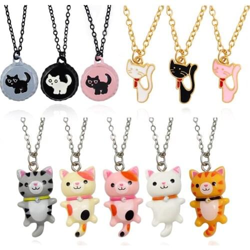 11 Styles cute kittens Pendant Necklace Resin material speckle Little cat round bottle cap cat Cartoon animal Necklace