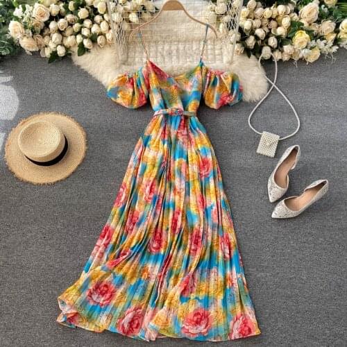 2021 Fashion Spring Summer Boho Chic Womens Spaghetti Strap Dress Bohemian Vacation Beach Party Pleated Vestidos Female