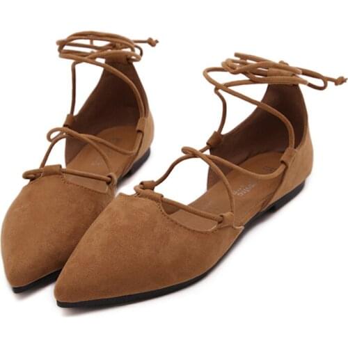 Brand New Fashion Women Ballet FlatsLace-Up Dress Flats Ladies Faux Suede Shallow Shoes Pointed Toe Size 42