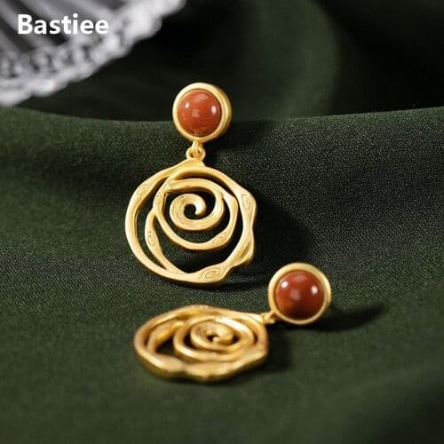 Bastiee Spiral Stud Earrings 925 Sterling Silver Jewelry For Women Earings Round Red Agate Gold Plated Jewelery Trendy