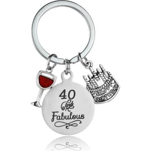 Lucky Number 40 And Fabulous Enamel Goblet Keychain Stainless Steel Birthday Cake Keyring Women Men Friend Mom Key Chain Gift