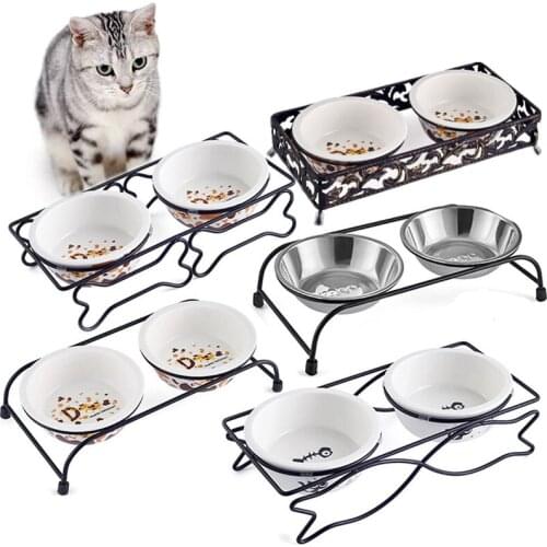 Cat Bowl Ceramic Stainless Steel Dog Bowl Double Bowl Cat Food Bowl Protection Neck Cat Water Bowl Anti-Knock Over Pet Supplies