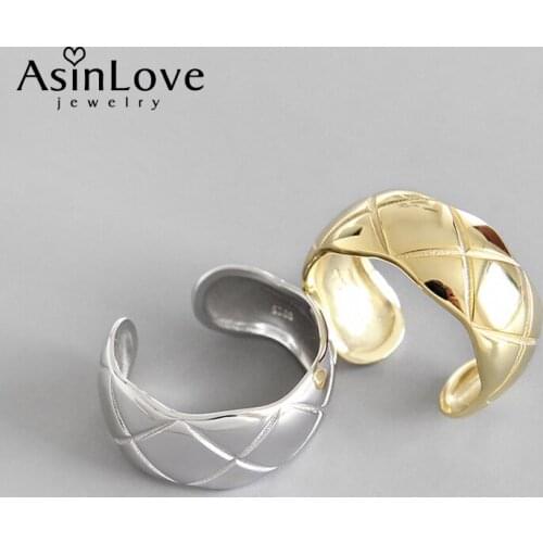 AsinLove Hammered Personality Rhombic Plaid Ring Real 925 Sterling Silver Creative Handmade Fine Jewelry Rings for Women Gift